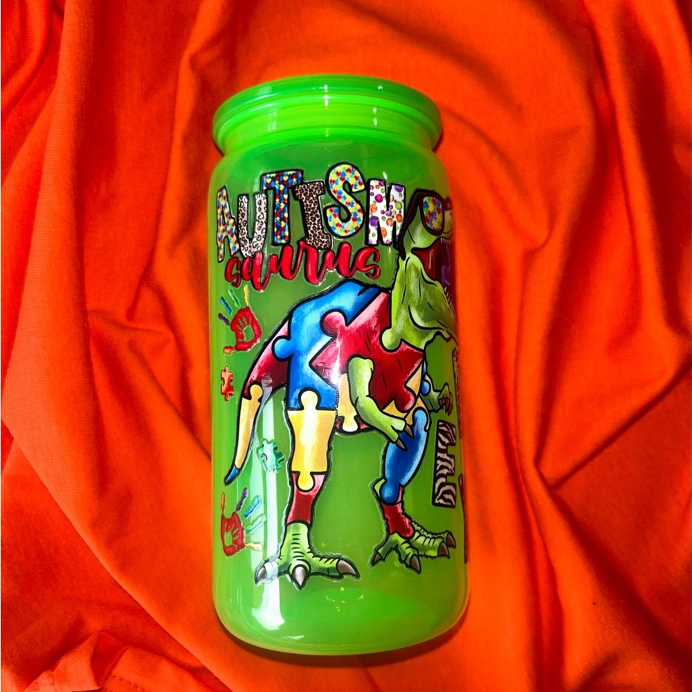 Autism Saurus Rex Autism Awareness Neon Green 16oz Acrylic Tumbler
